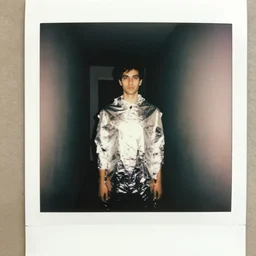 polaroid, man standing wrapped in aluminum foil, dimly lit hallway