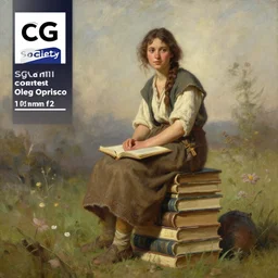 digital painting of a brunette peasant sitting on top of a stack of books, a stock photo by oleg oprisco, cg society contest winner, academic art, extreme long shot, sigma 1 0 5 mm f 2., stockphoto, storybook illustration, artwork by wlop, artgerm