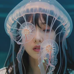 close up swirly portrait of the face of a beautiful anime character with translucent nautilus jellyfish, porta 4 0 0, rei ayanami, mutes colors of phoebe bridgers standing. beautiful organic, natural light, 8 0 mm