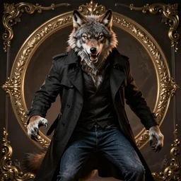 a werewolf dressed in a black trench coat, and jeans, dramatic, photoshoot, portrait, excited, angry, evil, glowing, hairy, furry, ray tracing ambient occlusion, shaders, post processing, post - production, cel shading, sfx, insanely detailed and intricate, hypermaximalist, elegant, ornate, hyper realistic, super detailed