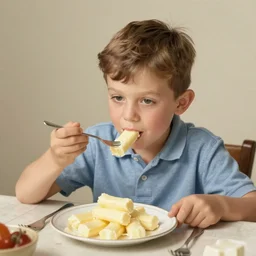 boy, 1 0 years old, sitting at the table eating a stick of butter on his fork from a plate with plenty of sticks of butter, illustration 1 9 4 0 s. the boy is facing the viewer.