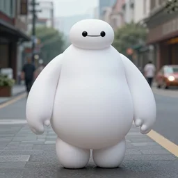 “ baymax in the middle of the street, photo, realistic ”