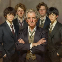 a genius inventor mascot character posing for a picture, digital painting, masterpiece by rembrandt and thomas kinkade and frank frazetta and kentaro miura, by reiq and tite kubo, stylized yet realistic faces and anatomy, advanced lighting technology, beautiful, gorgeous brush strokes