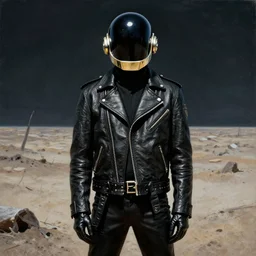 album art beautiful portrait of daft punk's electroma, daft punk wearing leather jackets, standing in a desolate wasteland, painted by zdzislaw beksinski