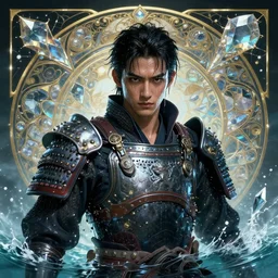 portrait of a young cyberpunk samurai man wearing a warrior armor, drenched body, wet dripping hair, emerging from the water, fantasy, regal, fractal crystal, fractal gems, by stanley artgerm lau, greg rutkowski, thomas kindkade, alphonse mucha, loish, norman rockwell.