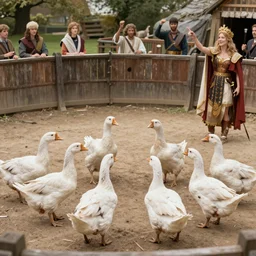 eight geeese fighting in a gladiator pit while the queen on england is cheering, realistic, modern,