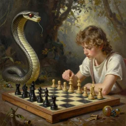 Adam and Eve playing chess on a chessboard, while the serpent watches. Oil painting.