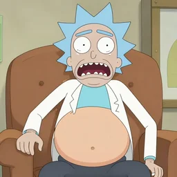 a rick from rick and morty with big open mouth glasses virgin has big belly high detailed realistic crying 4 k balding