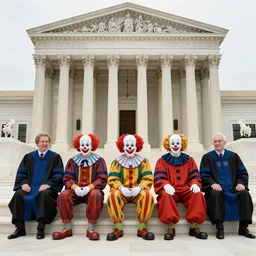 6 Clowns sitting with 3 Justices on the Supreme Court, photorealistic