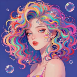 a digital painting of a woman with colorful hair made of curly liquid and bubbles, a pop art painting by tomokazu matsuyama, behance contest winner, psychedelic art, psychedelic, 2 d, digital illustration, trending on artstation, anime stylized, accurate fictional proportions, high delicate defined details, ethereal lighting