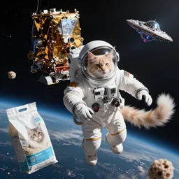 Deep space, James Webb Telescope, ((cream colored Maine Coon kitten)) space suit, bag of kitty litter floats nearby, alien space craft observes from afar, digital art, 4K, 8K, high energy action
