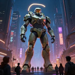 gigantic!! 7 0 mm photo utopian halo master chief towering statue surrounded by a crowd of people in a cyberpunk city street at night, ralph mcquarrie, matte painting, stylized background, cinematic lighting, maya, pixar, unreal engine, artstation
