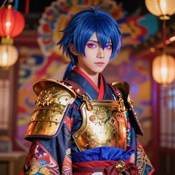 colorful and festive captivating teenager boy with straight indigo hair, purple eyes with red eye markers, slim body, wearing a detailed japanese kimono with golden armor pieces. rich vivid colors, ambient lighting, dynamic lighting, 4 k, atmospheric lighting, painted, intricate, highly detailed by charlie bowater
