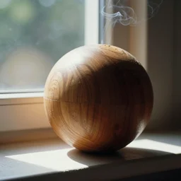 1980s magazine photo of wood sphere next to a window with dappled natural light, smoky