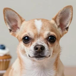 A close-up photo of a hybrid between a chihuahua and a blueberry muffin face