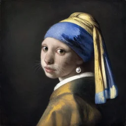 oil in canvas of a cat with a pearl earring by johannes vermeer, masterpiece