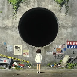masamune shirow, ghibli, miyazaki movie scene, vansishing point, focal point, foreground, midground, ultra wide, brutalist, white hoodie girl outside a large hole in the side of a concrete wall, huge black circle, huge black round hole, black depths, posters, notices, graffiti, stickers, banners, police do not cross tape, junk, moss, vines, spiderwebs