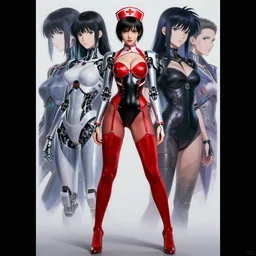 girl wearing robotic suit, nurse's leather suit, in red velvet stockings, red bra, high shoes, full length, very anime, fine - face, audrey plaza, realistic shaded perfect face, fine details. anime. realistic shaded lighting poster by ilya kuvshinov katsuhiro otomo ghost - in - the - shell, magali villeneuve, artgerm, jeremy lipkin and michael