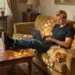 blond man sitting on sofa, laptop on knees, big table near sofa, pomeranian dog sleeping by his side, close up, rich cozy interiors, spatious room, legs on the table, digital painting, hyperrealistic, natural light, volumetric golden dappled dynamic lighting, highly detailed, sharp focus, elegant, by michael komarck, greg rutkowski