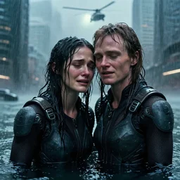 cinestill 5 0 d candid photographic portrait by christopher nolan of two loving female androids sobbing wearing rugged black mesh techwear in treacherous waters, flooded city, helicopter, medium closeup, modern cyberpunk moody emotional cinematic, pouring iridescent rain bright spotlight, 8 k, hd, high resolution, 3 5 mm, f / 3 2, ultra realistic faces, ex machina