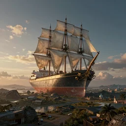 a ship flying in the sky, surreal landscape