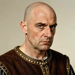 portrait of glamorous bald medieval man with big nose and annoyed gesture, 1940s propaganda poster, full hd,highly detailed