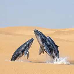 whales jumping into sand dunes, photography