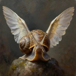 snail with wings and feathers, oil painting, artstation, dramatic lighting, symmetry, beautiful