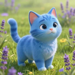 cute blue cat in grassy field with lavender growing, disney pixar movie, intricate, highly detailed, digital painting, octane render, artstation, concept art, smooth, sharp focus, illustration,