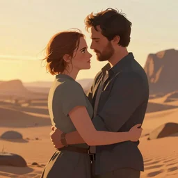 seth rogan and emma watson in a peaceful wasteland, golden hour, digital art, loving embrace, by sharandula trending on artstation