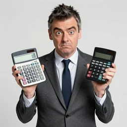 funny photo of rowan atkinson holding an calculator and struggling to use a casio calculator calculator calculator calculator, close up