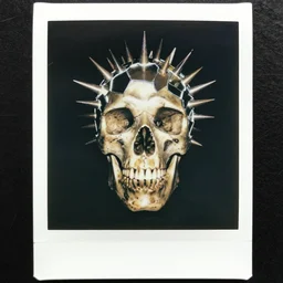 polaroid photograph of a spiky skull encrusted with shattered mirrors, reflecting light in a nightclub