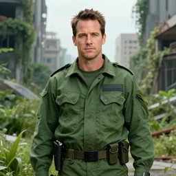 portrait of a young richard dean anderson wearing a green combat uniform, in a post appocalyptic city overgrown by plants, by wlop, by luis royo, by greg rutkowski, cover illustration, concept art, volumetric lighting, volumetric atmosphere, sharp focus, octane render, trending on artstation, 8 k