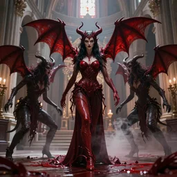 demonic female mutant creatures battle astaroth in an abandoned church in the vatican, 8 k, soft lighting, hdr, octane render, cinematic, red fluid on walls of the church, smoke, yasushi nirasawa creature design, photorealistic, bokeh