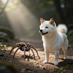 photo, spider and white shiba dog mix.