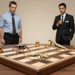 two jumping spiders playing chess with a mantis as referee
