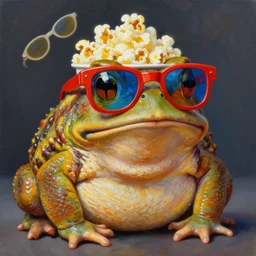 hyper realistic oil painting of a fat toad wearing anaglyph red - blue glasses with popcorn pot, vibrant colors, high contrast, by greg rutkowski, trending on artstation