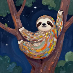 a cute sloth hanging on a tree on a starry night, made of bright colored thick flowing dramatic brush strokes, matte colors, trending on artstation