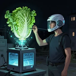 man with futuristic helmet recharges energy through a cabbage that connect the helmet to an energy generator, night inspired by Simon Stålenhag