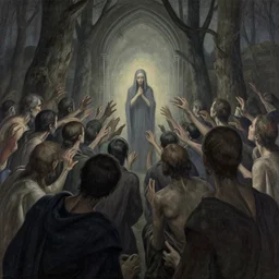 all souls trapped in purgatory are slowly vanishing but they are indifferent to it and embrace empathy, they can see you but won't reach you, many figures in the foreground, muted palette, in the style of kyosai, insanely detailed, long shot