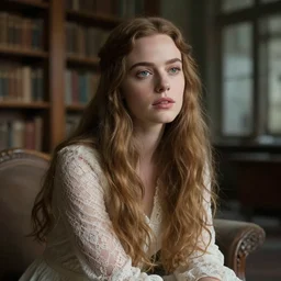 cinestill 5 0 d portrait of a dreamy beautiful woman britt marling 3 / 4 sitting in a dystopian abandoned library, long hair, wearing lace, 8 k, elegant, highly detailed, cinematic colors rendering, soft blur, artstation, sharp focus, head in focus,