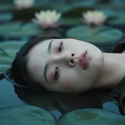 pale face lying under the water, water lilys, cinematic, shallow depth of field, atmospheric, ultra high detail, somber colors, close up of face, trending on artstation