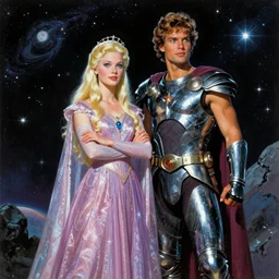 very beautiful intergalactic space princess and a handsome star Warrior standing together. Action. Hero pose. Cosmic. Sci-fi. Science fiction pulp by Greg Hildebrandt.