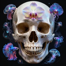 close-up portrait of skull dichroic orchid jellyfish skull, betta fish, bioluminiscent creatures, intricate artwork by Tooth Wu and wlop and beeple. octane render, trending on artstation, greg rutkowski very coherent symmetrical artwork. cinematic, hyper realism, high detail, octane render, 8k
