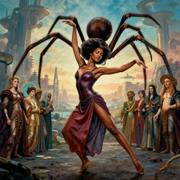 realistic detailed portrait movie shot of a beautiful black woman dancing with a giant spider, futuristic sci fi landscape background by denis villeneuve, jean deville, amano, yves tanguy, ernst haeckel, alphonse mucha, max ernst, caravaggio, roger dean, masterpiece, rich moody colours