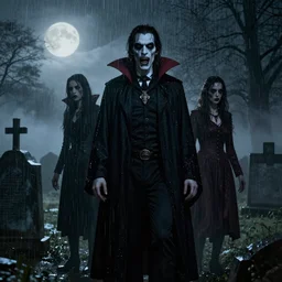 creepy horror, Vampire Chronicles characters, Highgate cemetery, fog, rain, volumetric lighting, beautiful, moonlight, sharp focus, ultra detailed, cgsociety