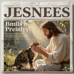 Front page newspaper article about Jesus petting a cat