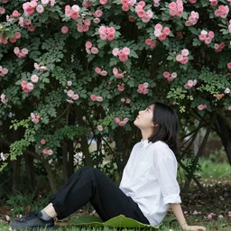 person sitting on a leaf looking up at the flowers above
