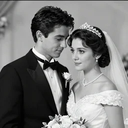 An extreme long shot, black & white wedding photo of dio brando and giorno giovanna, 2000 photo