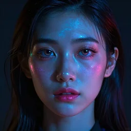 a girl glowing with neon colors,high detail of the face, detailed, octane render, dark and moody, please